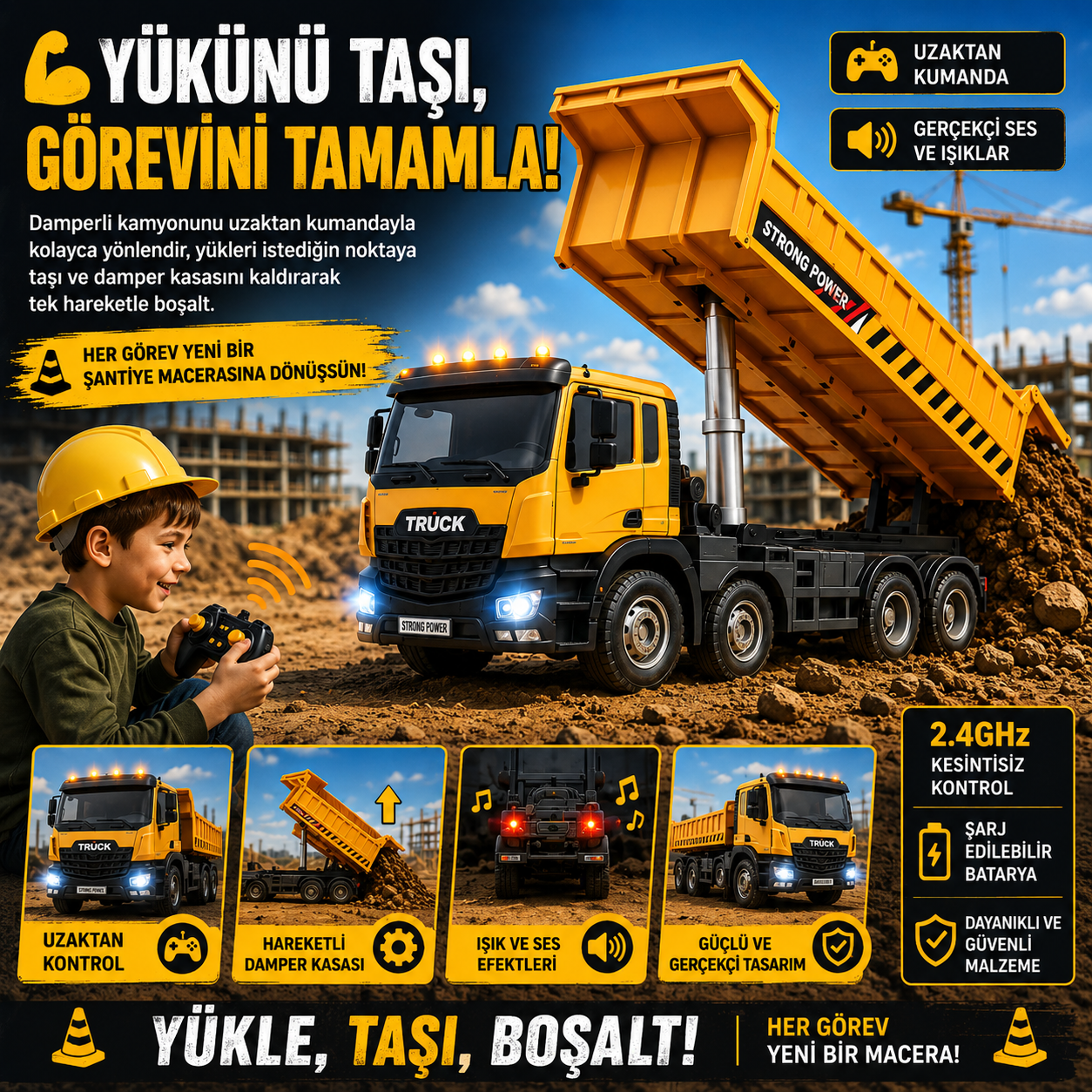 Uzaktan Kumandalı Şarjlı Damperli Kamyon – LED Işıklı Ses Efektli İş Makinesi