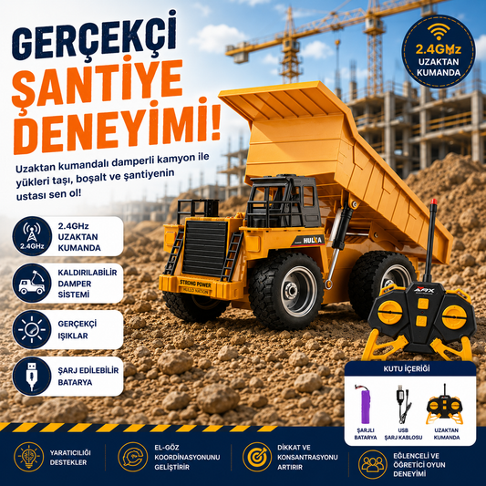 Uzaktan Kumandalı Şarjlı Damperli Kamyon – LED Işıklı Ses Efektli İş Makinesi