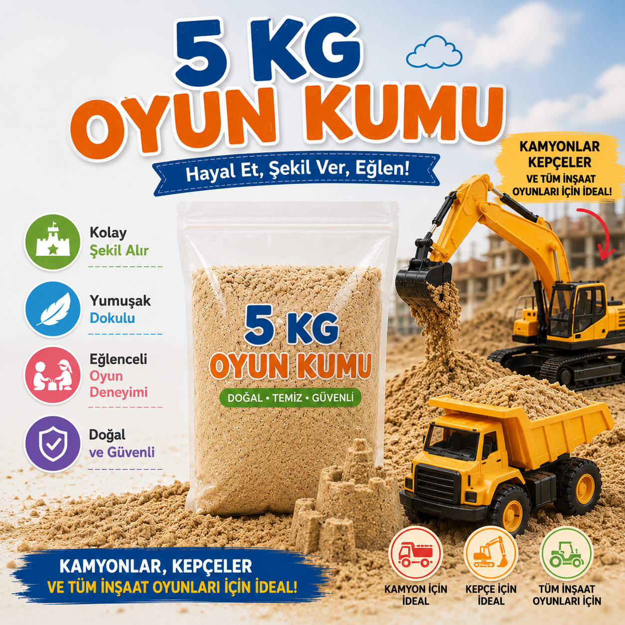 Çocuk Oyun Kumu –Şekil Alabilen Yumuşak Dokulu Doğal Aktivite Kumu | Kamyon ve Kepçe Oyunları İçin İdeal