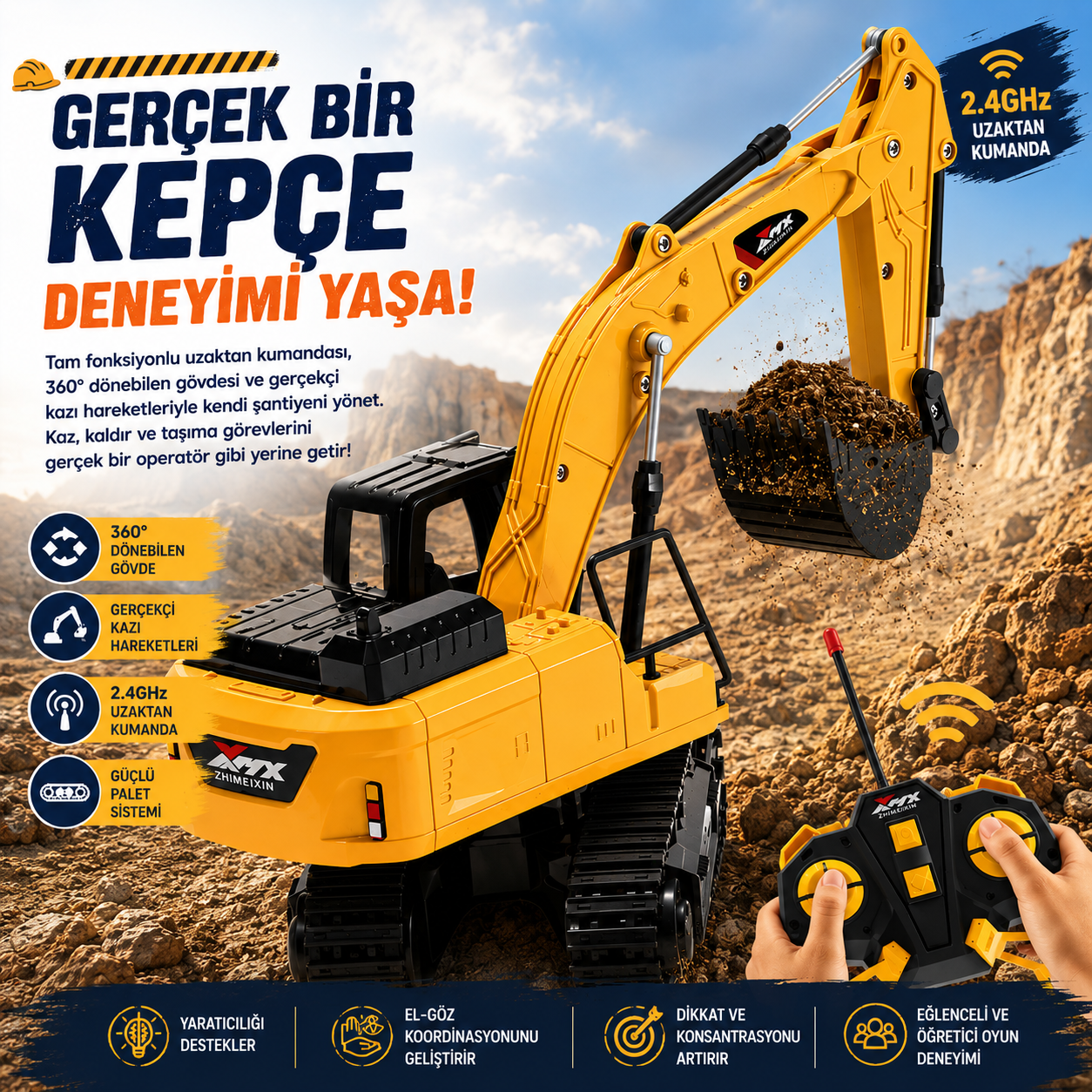 Uzaktan Kumandalı Şarjlı 360° Dönebilen Işıklı Ekskavatör Kepçe