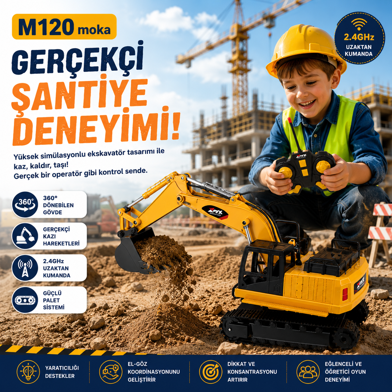 Uzaktan Kumandalı Şarjlı 360° Dönebilen Işıklı Ekskavatör Kepçe