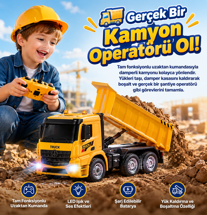Uzaktan Kumandalı Şarjlı Damperli Kamyon – LED Işıklı Ses Efektli İş Makinesi