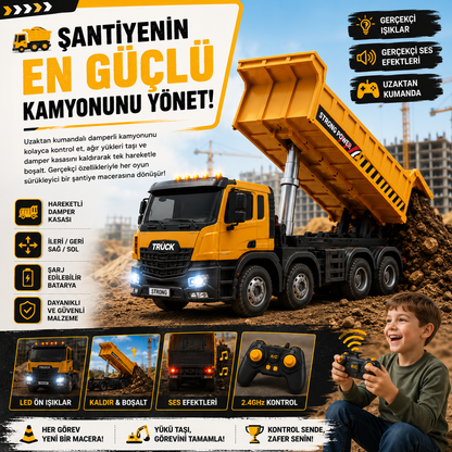 Uzaktan Kumandalı Şarjlı Damperli Kamyon – LED Işıklı Ses Efektli İş Makinesi