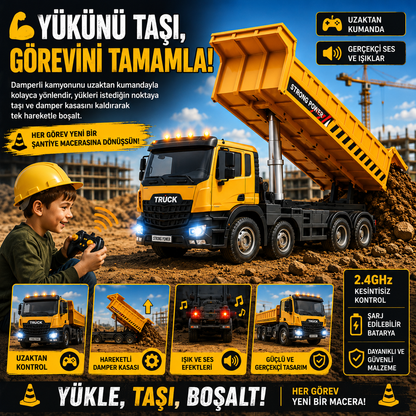 Uzaktan Kumandalı Şarjlı Damperli Kamyon – LED Işıklı Ses Efektli İş Makinesi