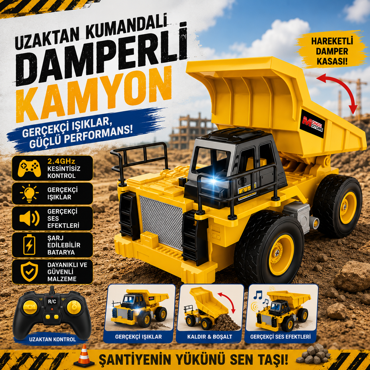 Uzaktan Kumandalı Şarjlı Damperli Kamyon – LED Işıklı Ses Efektli İş Makinesi