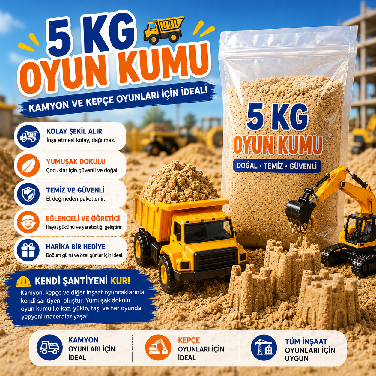 Çocuk Oyun Kumu –Şekil Alabilen Yumuşak Dokulu Doğal Aktivite Kumu | Kamyon ve Kepçe Oyunları İçin İdeal