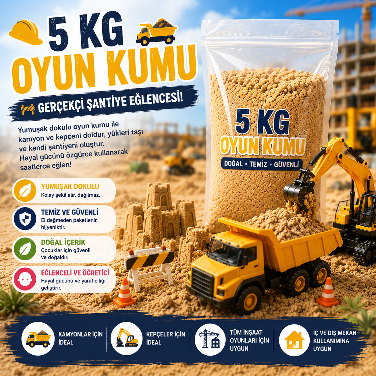 Çocuk Oyun Kumu –Şekil Alabilen Yumuşak Dokulu Doğal Aktivite Kumu | Kamyon ve Kepçe Oyunları İçin İdeal