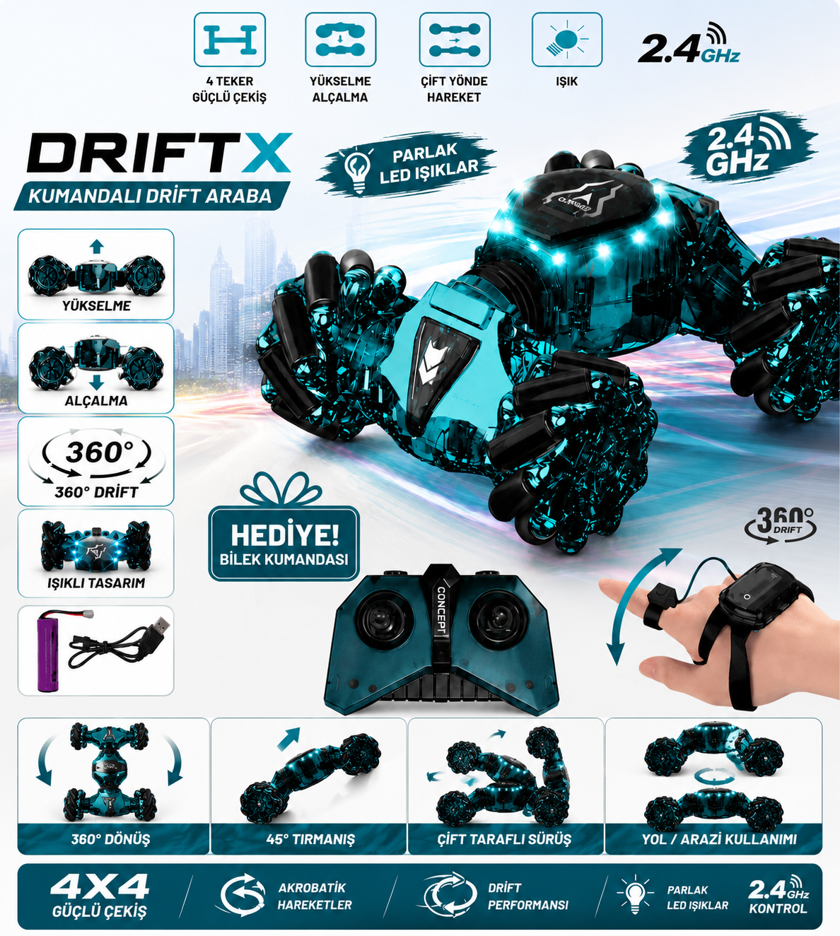 ToyzzLand Şarjlı 4x4 Uzaktan Kumandalı Drift Araba